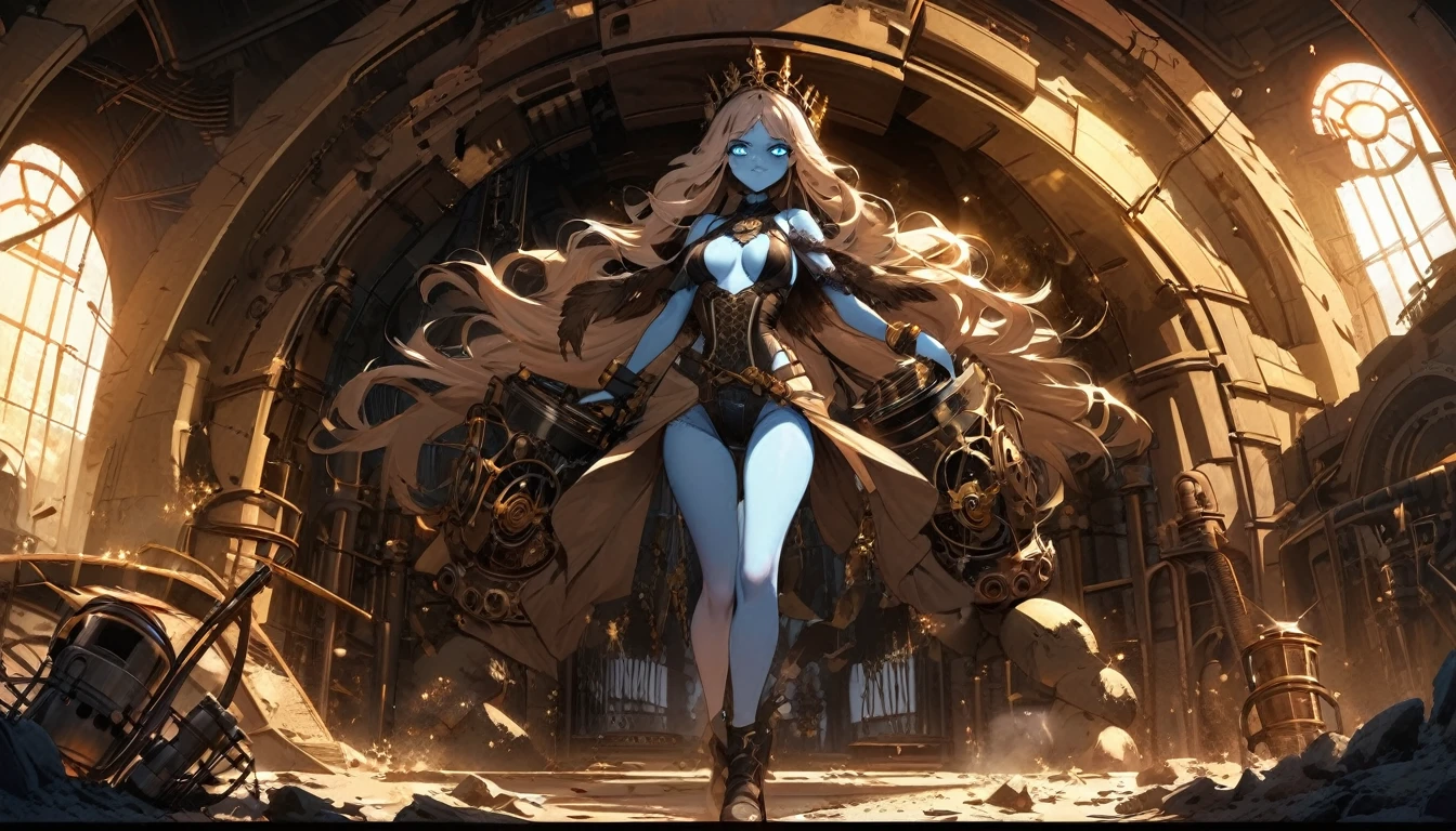 The queen of the mole people, a blue-skinned and gorgeous woman with mesmerizing doe eyes, has just driven her enormous and terrifying drilling machine into the lab, causing the floor to erupt. She is wearing a digger suit, which she now starts to take off. The steam punk-inspired scene is filled with intricate details, showcasing the blending of retro-futuristic elements and Victorian aesthetics. The drilling machine, covered in gears and pipes, exudes an aura of power and mechanical complexity. It emits plumes of steam and releases bursts of sparks as it pierces through the ground, leaving a trail of destruction in its wake. The machine's exterior is encrusted with rivets and adorned with elaborate engravings, reflecting the artistry of its construction. Surrounding the scene, the lab is a chaotic mess. Shattered glass and debris litter the floor, revealing hidden tunnels and secret passages leading to the mole people's underground kingdom. The walls are adorned with vintage scientific apparatus and steampunk-inspired machinery, with flickering gas lamps casting a dim but warm glow across the room. As the queen emerges from the machine, her blue skin glows with an ethereal radiance. Her eyes, captivating and full of depth, seem to hold a sense of mystery. Her lush, curled lashes frame her eyes, accentuating their beauty. The queen's dark, flowing hair cascades down her back, partially covering her backless corset and intricate leather attire. In the background, a group of mole people, with their pale and grubby skin, are gathered around in awe and reverence at their queen's entrance. They wear tattered clothing adorned with gears, goggles, and other steam punk accessories. Some wield primitive but intriguing underground weapons, ready to defend their queen and their homeland. The color palette of the scene reflects the steampunk aesthetic - a combination of warm earthy tones, brass tones, and deep blues. The lighting, characterized by the flickering gas lamps