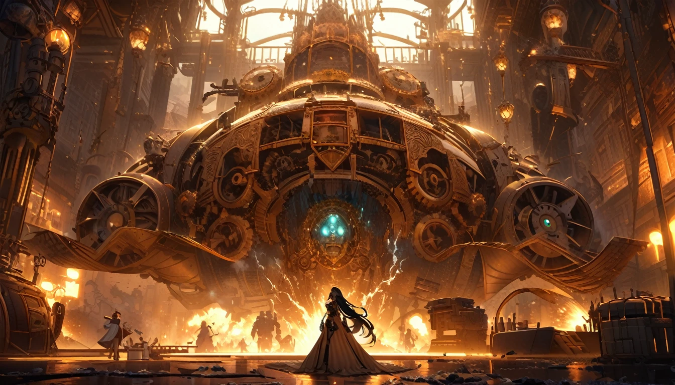 The queen of the mole people, a blue-skinned and gorgeous woman with mesmerizing doe eyes, has just driven her enormous and terrifying drilling machine into the lab, causing the floor to erupt. She is wearing a digger suit, which she now starts to take off. The steam punk-inspired scene is filled with intricate details, showcasing the blending of retro-futuristic elements and Victorian aesthetics. The drilling machine, covered in gears and pipes, exudes an aura of power and mechanical complexity. It emits plumes of steam and releases bursts of sparks as it pierces through the ground, leaving a trail of destruction in its wake. The machine's exterior is encrusted with rivets and adorned with elaborate engravings, reflecting the artistry of its construction. Surrounding the scene, the lab is a chaotic mess. Shattered glass and debris litter the floor, revealing hidden tunnels and secret passages leading to the mole people's underground kingdom. The walls are adorned with vintage scientific apparatus and steampunk-inspired machinery, with flickering gas lamps casting a dim but warm glow across the room. As the queen emerges from the machine, her blue skin glows with an ethereal radiance. Her eyes, captivating and full of depth, seem to hold a sense of mystery. Her lush, curled lashes frame her eyes, accentuating their beauty. The queen's dark, flowing hair cascades down her back, partially covering her backless corset and intricate leather attire. In the background, a group of mole people, with their pale and grubby skin, are gathered around in awe and reverence at their queen's entrance. They wear tattered clothing adorned with gears, goggles, and other steam punk accessories. Some wield primitive but intriguing underground weapons, ready to defend their queen and their homeland. The color palette of the scene reflects the steampunk aesthetic - a combination of warm earthy tones, brass tones, and deep blues. The lighting, characterized by the flickering gas lamps