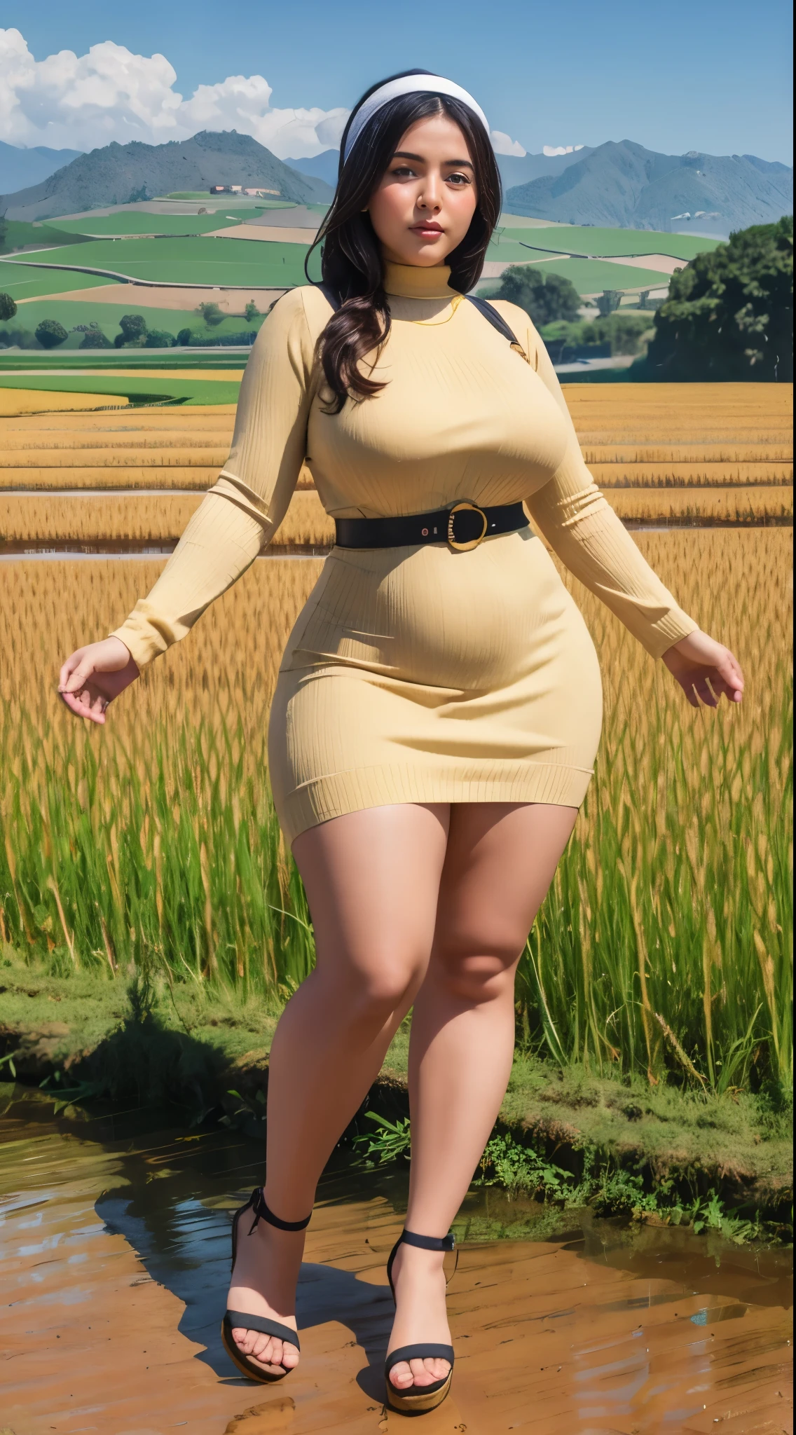 Arabic Woman in rice field, curvy body, very detail ,wide hips, loong legs ,thick high, full body in camera, wearing strap wedges, wearing mini sweater dress, long legs,