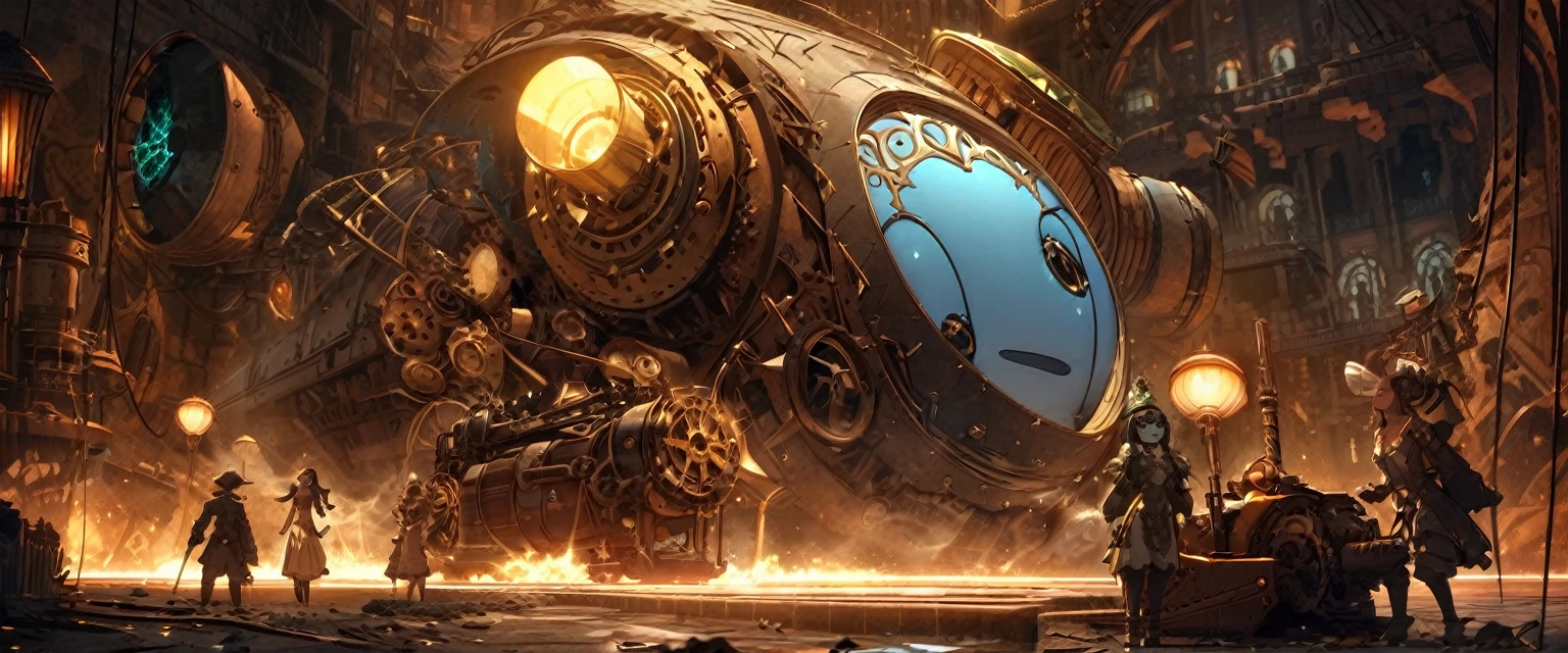 The queen of the mole people, a blue-skinned and gorgeous woman with mesmerizing doe eyes, has just driven her enormous and terrifying drilling machine into the lab, causing the floor to erupt. She is wearing a digger suit, which she now starts to take off. The steam punk-inspired scene is filled with intricate details, showcasing the blending of retro-futuristic elements and Victorian aesthetics. The drilling machine, covered in gears and pipes, exudes an aura of power and mechanical complexity. It emits plumes of steam and releases bursts of sparks as it pierces through the ground, leaving a trail of destruction in its wake. The machine's exterior is encrusted with rivets and adorned with elaborate engravings, reflecting the artistry of its construction. Surrounding the scene, the lab is a chaotic mess. Shattered glass and debris litter the floor, revealing hidden tunnels and secret passages leading to the mole people's underground kingdom. The walls are adorned with vintage scientific apparatus and steampunk-inspired machinery, with flickering gas lamps casting a dim but warm glow across the room. As the queen emerges from the machine, her blue skin glows with an ethereal radiance. Her eyes, captivating and full of depth, seem to hold a sense of mystery. Her lush, curled lashes frame her eyes, accentuating their beauty. The queen's dark, flowing hair cascades down her back, partially covering her backless corset and intricate leather attire. In the background, a group of mole people, with their pale and grubby skin, are gathered around in awe and reverence at their queen's entrance. They wear tattered clothing adorned with gears, goggles, and other steam punk accessories. Some wield primitive but intriguing underground weapons, ready to defend their queen and their homeland. The color palette of the scene reflects the steampunk aesthetic - a combination of warm earthy tones, brass tones, and deep blues. The lighting, characterized by the flickering gas lamps