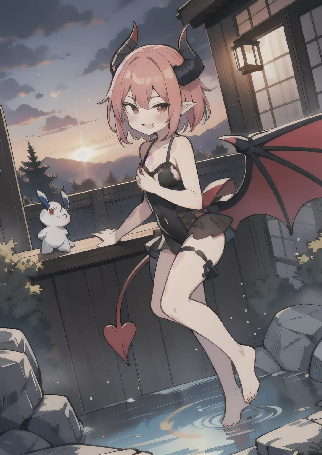 8K, femboy, petit, adult. kawaii vampire, crimson hair, short hair, red eyes, fang, bat wings, smile, (blush), (shy), pointed ears, looking at viewer, dynamic angle, wind, game cg, fantastic scenery, devil tail, demon tail, thin tail, black horns, medium breast, show full body, lingerie, hot springs, yokai, yokai pet, monster, latex, sexy, horny