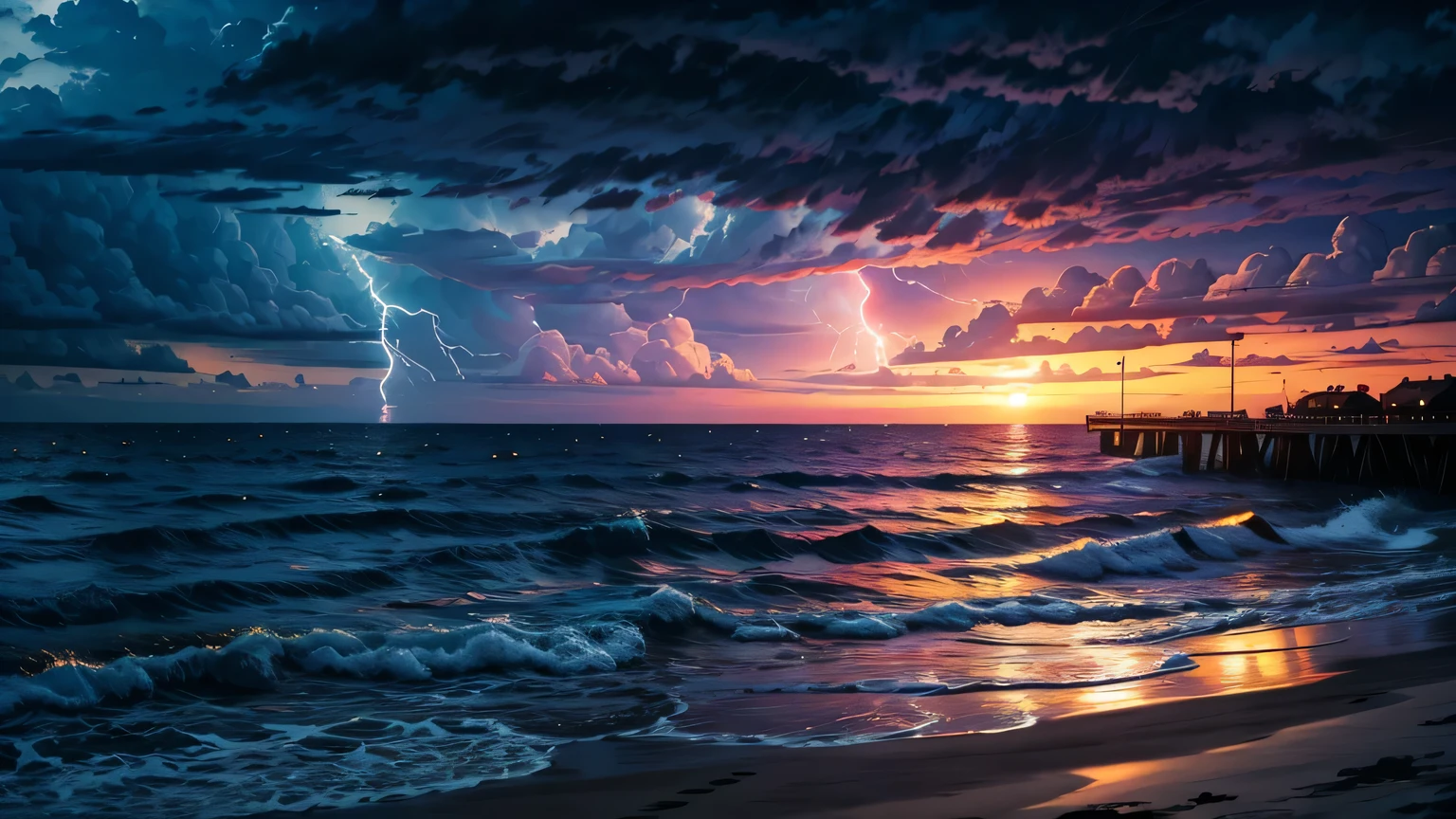 seaside，Sunset，dark clouds，lightning