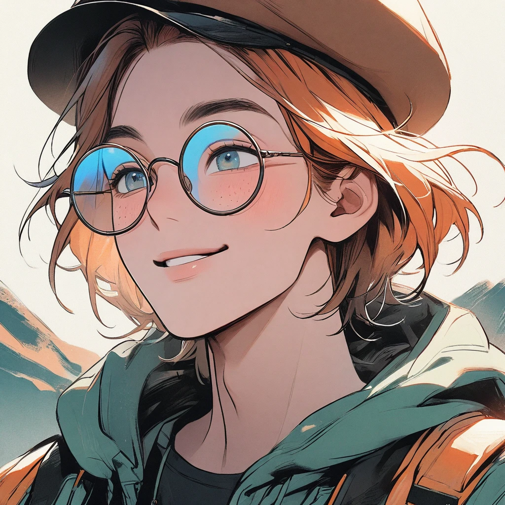 Man, pastel orange hair, pastel colors, face close up, adventure, explorer, brown beret, big round glasses, smiling, big freckles, boy, goodlooking