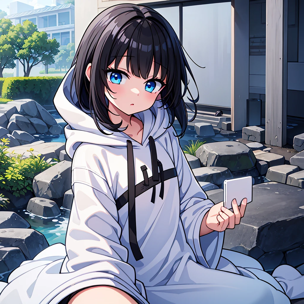 (masterpiece)、(highest quality)、(Detailed Expression)、White hoodieを着たBlack Hairの***, White hoodie, pretty girl,10 year old female,blue eyes,1 person,Black Hair,Bob Hair