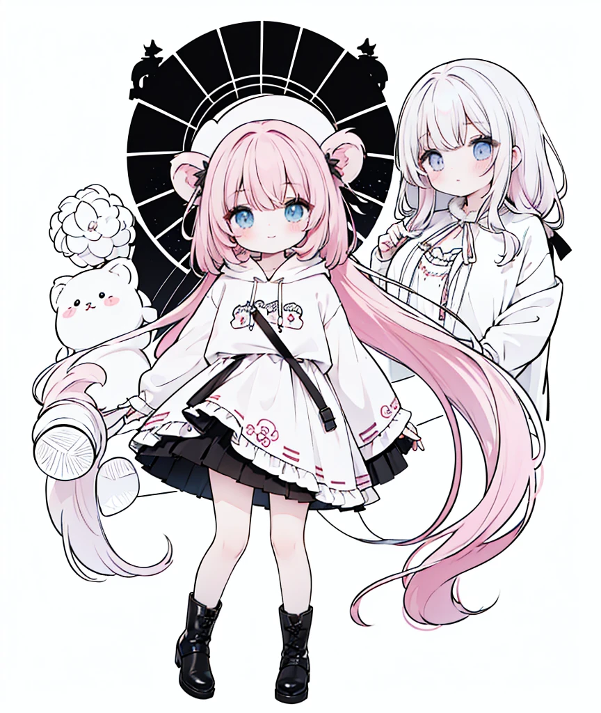 (​masterpiece、top-quality、hightquality)、full body of a young girl、One Little Girl、Long pink hair、Tied hair、Fluffy、Black short skirt、Mafia Girls、full bodyesbian、Fluffy atmosphere、Leather boots、Pure white background、smil、Active、lion motif hoodie、