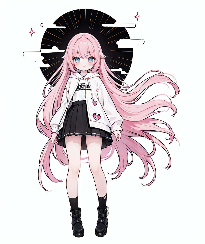 (​masterpiece、top-quality、hightquality)、full body of a young girl、One Little Girl、Long pink hair、Tied hair、Fluffy、Black short skirt、Mafia Girls、full bodyesbian、Fluffy atmosphere、Leather boots、Pure white background、smil、Active、lion motif hoodie、