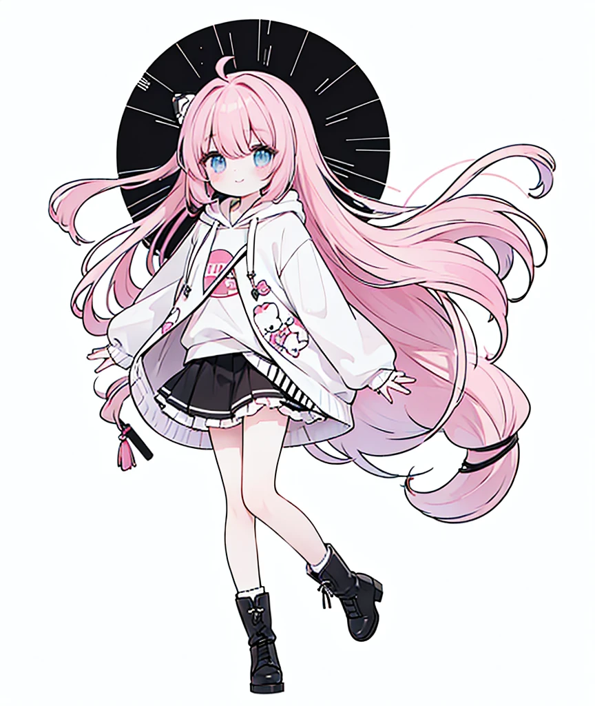 (masterpiece、top-quality、hightquality)、full body of a young girl、One Little Girl、Long pink hair、Tied hair、Fluffy、Black short skirt、Mafia Girls、full bodyesbian、Fluffy atmosphere、Leather boots、Pure white background、smil、Active、lion motif hoodie、