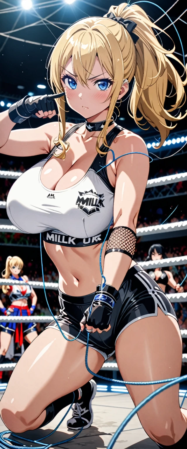 ((masterpiece)), ((high quality)), ((super detailed)), ((high resolution)) ,((8k)), a beautiful woman, ((She is one of the most famous female Gravure idol in the world.)), unparalleled beauty, ((huge breast)), ((large ass)), ((deep cleavage)), slim waist, chest out, ultra detailed face, perfect skin, (((Half-up hairstyle, Blonde Ponytail hair))), blue eyes,  detailed eyes, whole body image, (((anime))), ((glamorous)), 24 years old, ((incredibly beautiful woman)), ((The H cup bust)),  (((Sports Bra, High leg shorts, Wrestler Costumes))),  ((beautiful breasts)), beautiful legs, 8 life size, anime, the most beautiful and strongest, ((charm)), ((Half Japanese and half British)), ((Grown-up face)), ((Open Finger Gloves, Five fingers)),  (((Women's mixed martial arts,  A fighting arena surrounded by wire mesh))), ((Ring name: Milk Tank)), ((Tackle stance)), ((Gravure idol and martial artist)),