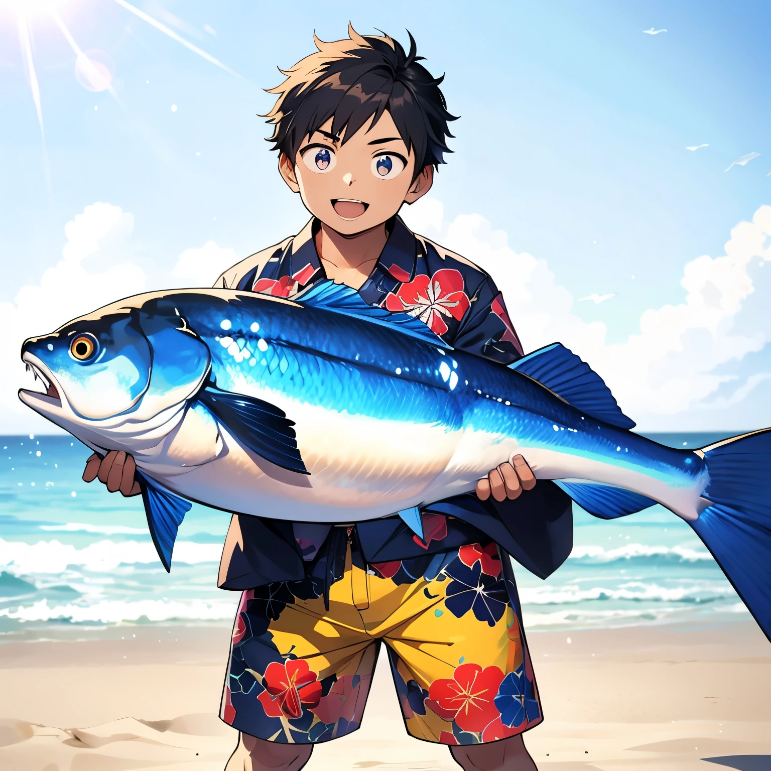 A colored anime-style image showing a boy holding a large fish. The boy is wearing a brightly patterned aloha shirt and trunk-style swim shorts, looking proud and excited. The fish is significantly large, and the boy is holding it with both hands. The background might be a beach or a pier, with vibrant colors emphasizing the accomplishment and the joy of fishing.,(detailed eyes:1.2),detailed skin,masterpiece,best quality,Top Quality,High quality,