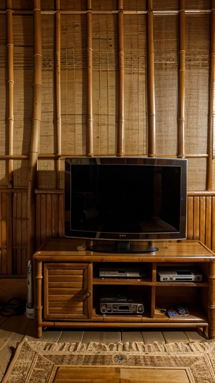 The old tube and digital satellite television was on a wooden shelf table, in the room of the bamboo house, under the table you could see black coffee and a cigarette, on top of the television there was a photo frame of the owner.