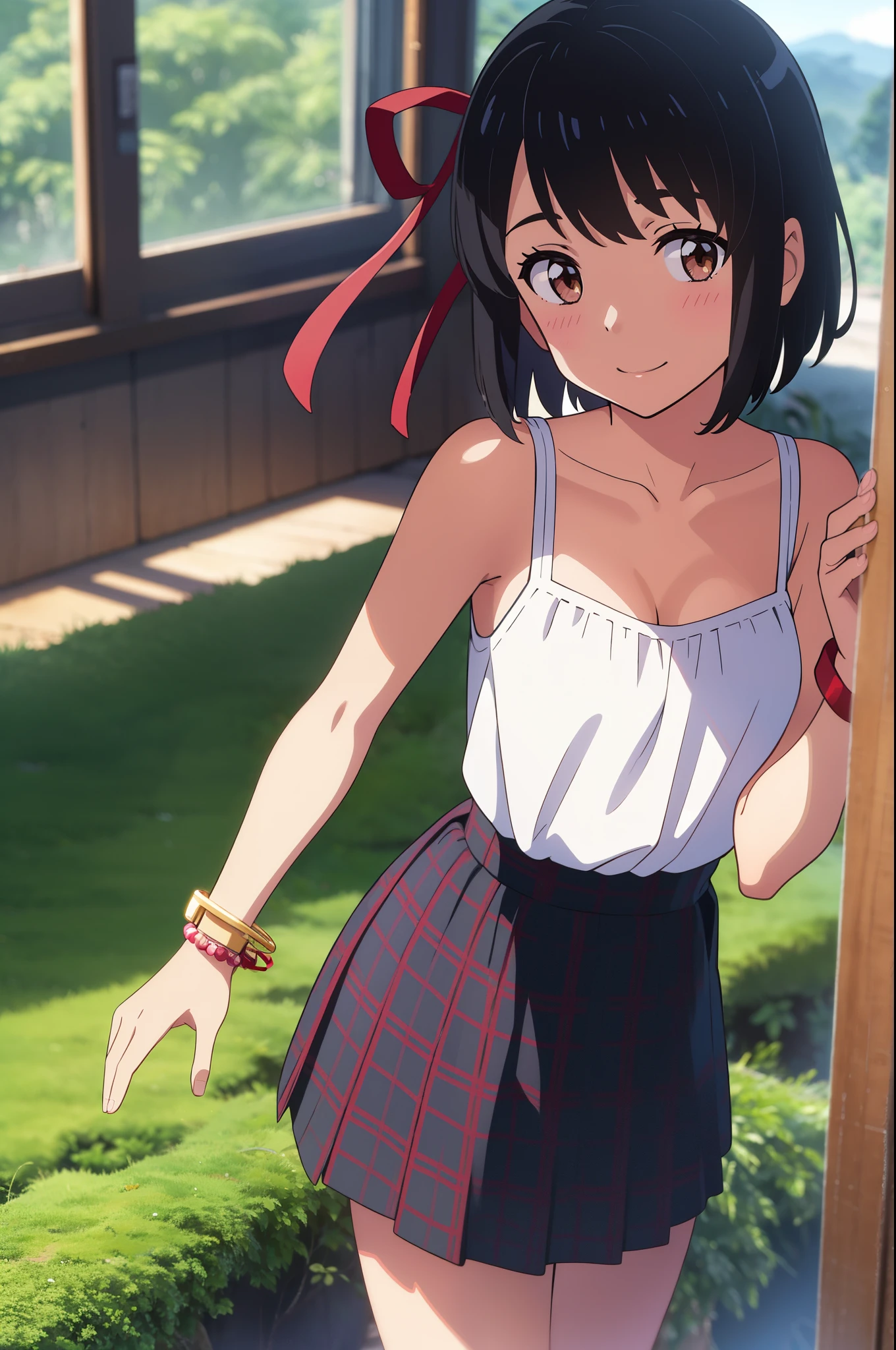 shinkai makoto, kimi no na wa., 1girl, 1boy, bangs, black hair, short hair, blush, brown eyes, camisole, dress, collarbone, red headband, red ribbon, skirt, plaid skirt, bare shoulders, bare-legged, bracelet, cute, beautiful, shinny skin, looking at viewer, smile, Rainforest background, in the forest, upper-body