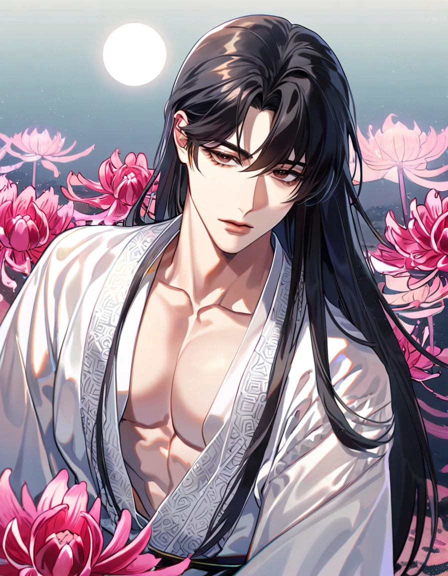 (absurdres, highres, ultra detailed, HDR) master piece, best quality, perfect face, delicated features, Kim Dokja with long hair, black hair, expressive brown eyes, Omniscient reader's viewpoint, solo, sexy man, handsome, toned chest, white kimono with accessories, patterns, pink spider lilies, water, magical moon