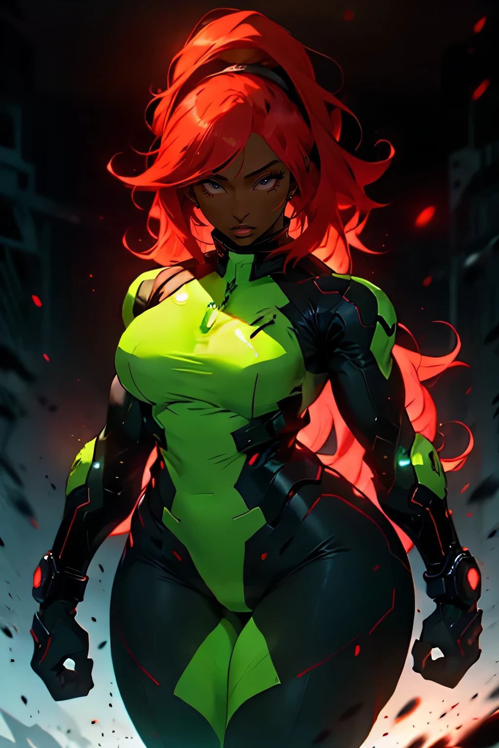 samus aran 1 girl solo dark skin red hair (dark atmosphere toned curvy)