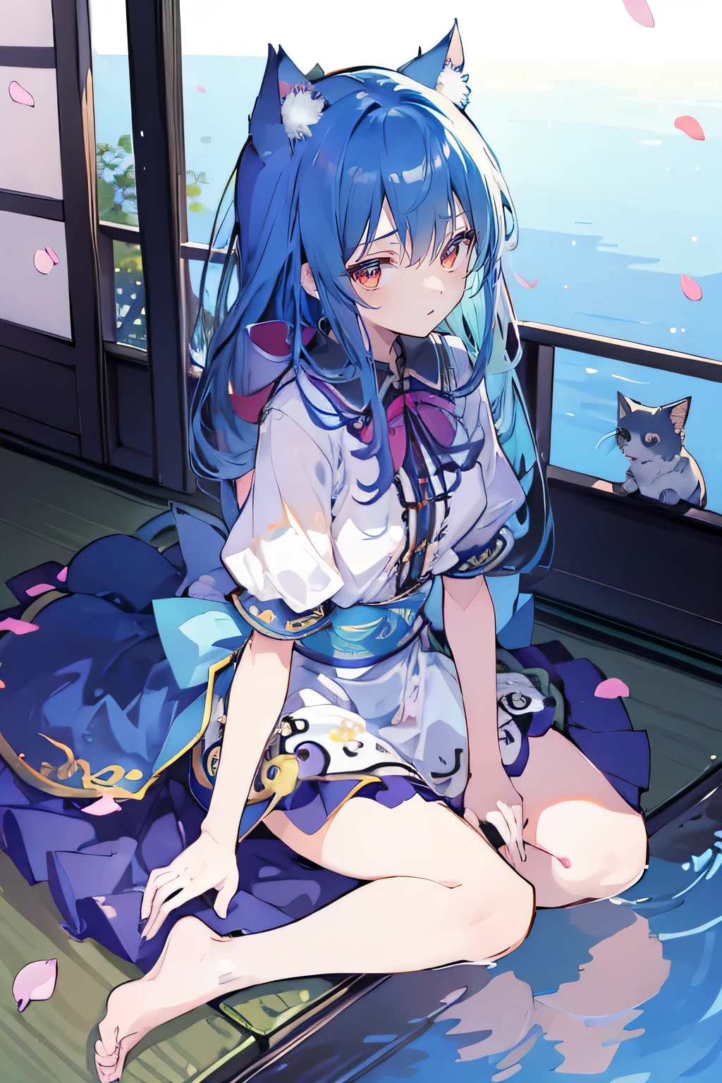 (masterpiece:1.2),ultra-detailed,realistic,expressive eyes,fair-skinned,perfectly shaped face,1girl,
Japanese cartoons,Gorgeous blue hair, flowing blue hair,floating clothes,cat ears,petals falling,beautiful Lola,Hina Angel,
hands on waist,gracefully sitting on the ground,legs crossed,gentle and serene background,cool and comfortable pavilion.