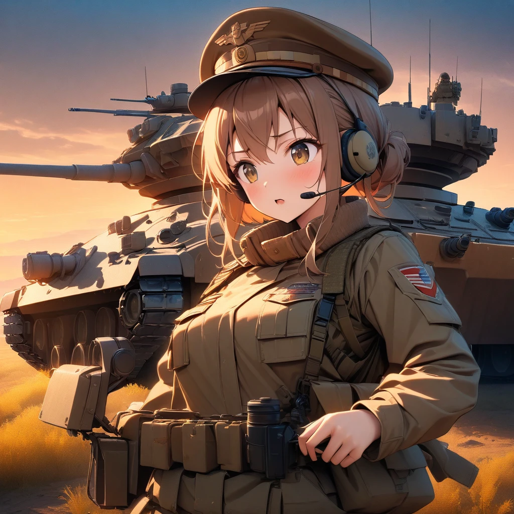 High quality, high definition images, full HD、8k.1 girl Short chestnut hair wearing US combat uniform 、tank corps America's tank turret From the commander's cupola The body is exposed.Something is being said over the wireless headset There is a brown rabbit on the turret.background field