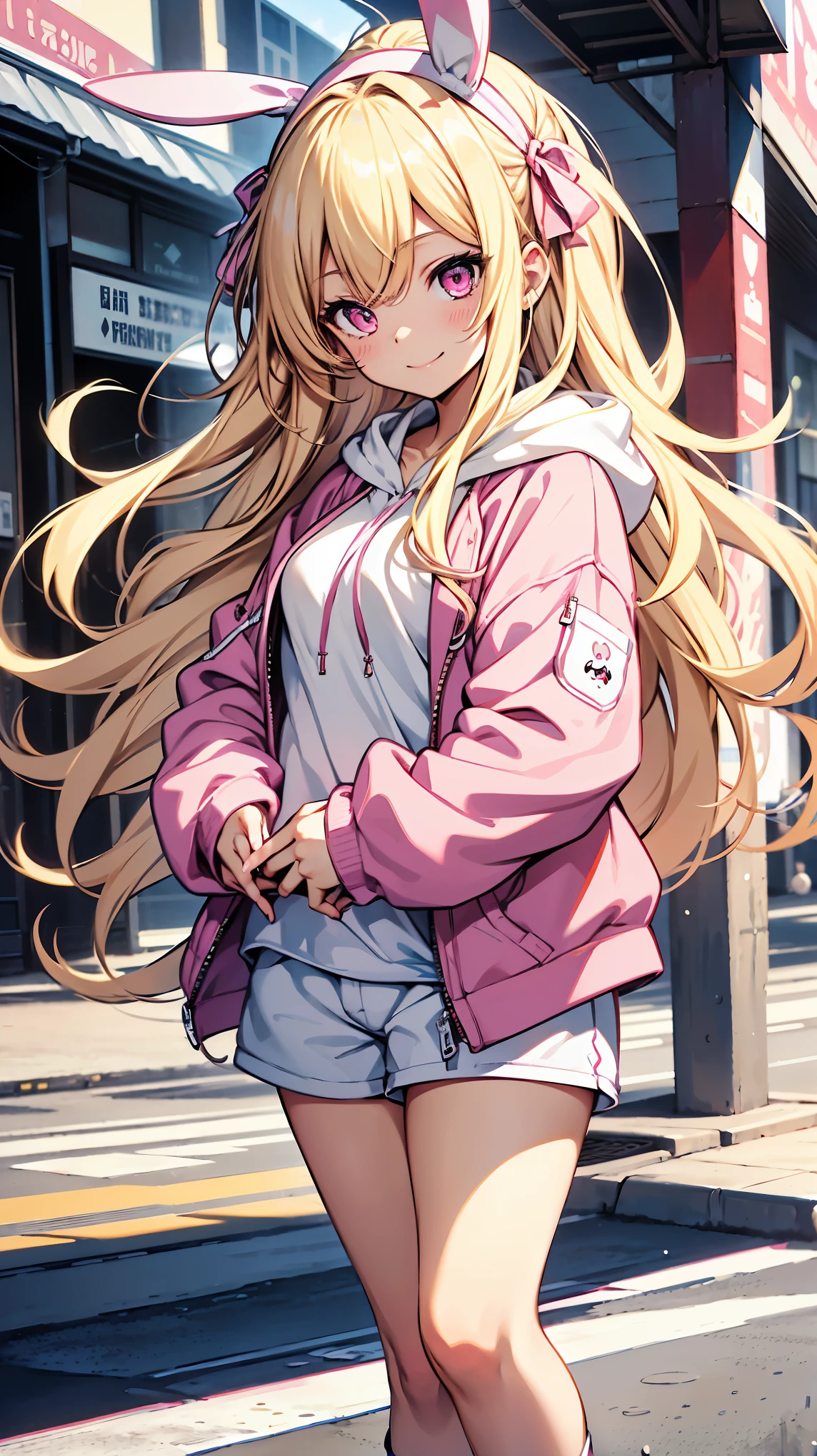 masterpiece, high quality, perfect face, high texture, 1girl, anime, cute face, blonde hair, loose hair, long wavy hair, eyes open widely, round eyes, pink eyes, look toward camera, smiling widely, pink opened jumper hoodie, white clothes, white short pants, thighs, pink bunny ribbon headband, hands in pockets