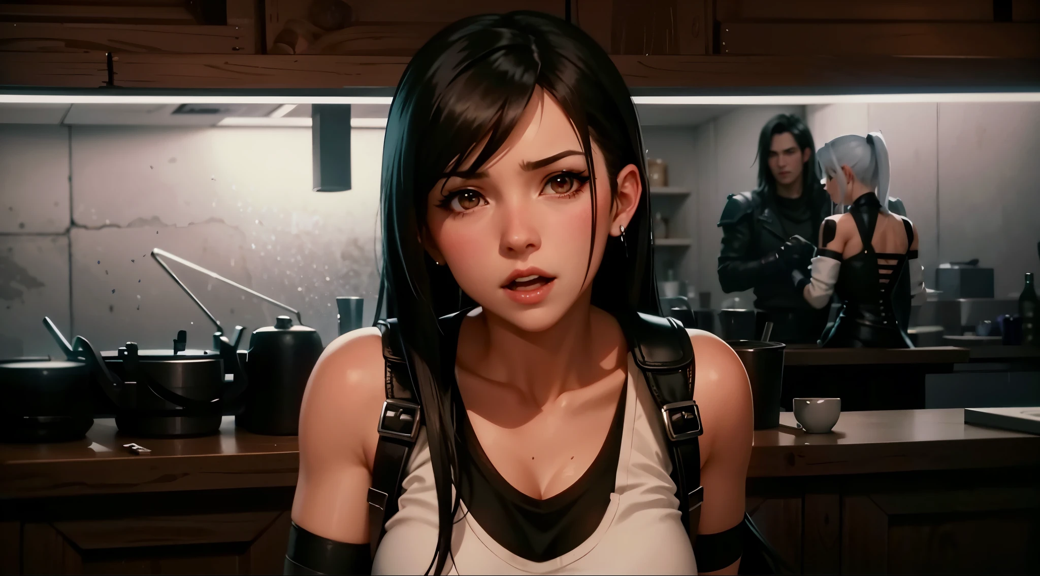 A person at the table wearing gloves, Tifa lockhart, Tifa, Tifa lockhart with white hair, Tifa lockheart, seductive Tifa lockhart portrait, Tifa lockhart portrait, portrait of Tifa lockhart, glamorous Tifa lockheart, From Final Fantasy VII, From ff7, PS5 movie screenshots, Game Style：Square Enix&#39;s detailed textures, Delicate face, Delicate skin, , Highest quality ultra-high resolution, Practical, Detailed hair, Real hair, High quality very detailed, fine details, Super detailed, Smile