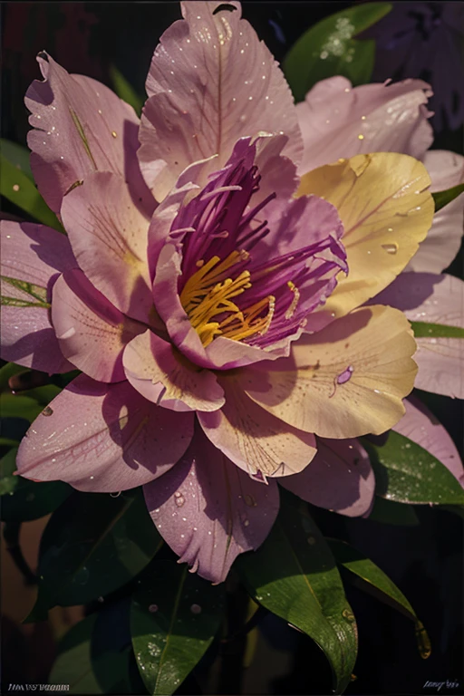 purple and yellow abstract impressionist painting of azaleas in bottom left corner of canvas, fade into dark background, water drops on the petals, focus on foreground, thick paint