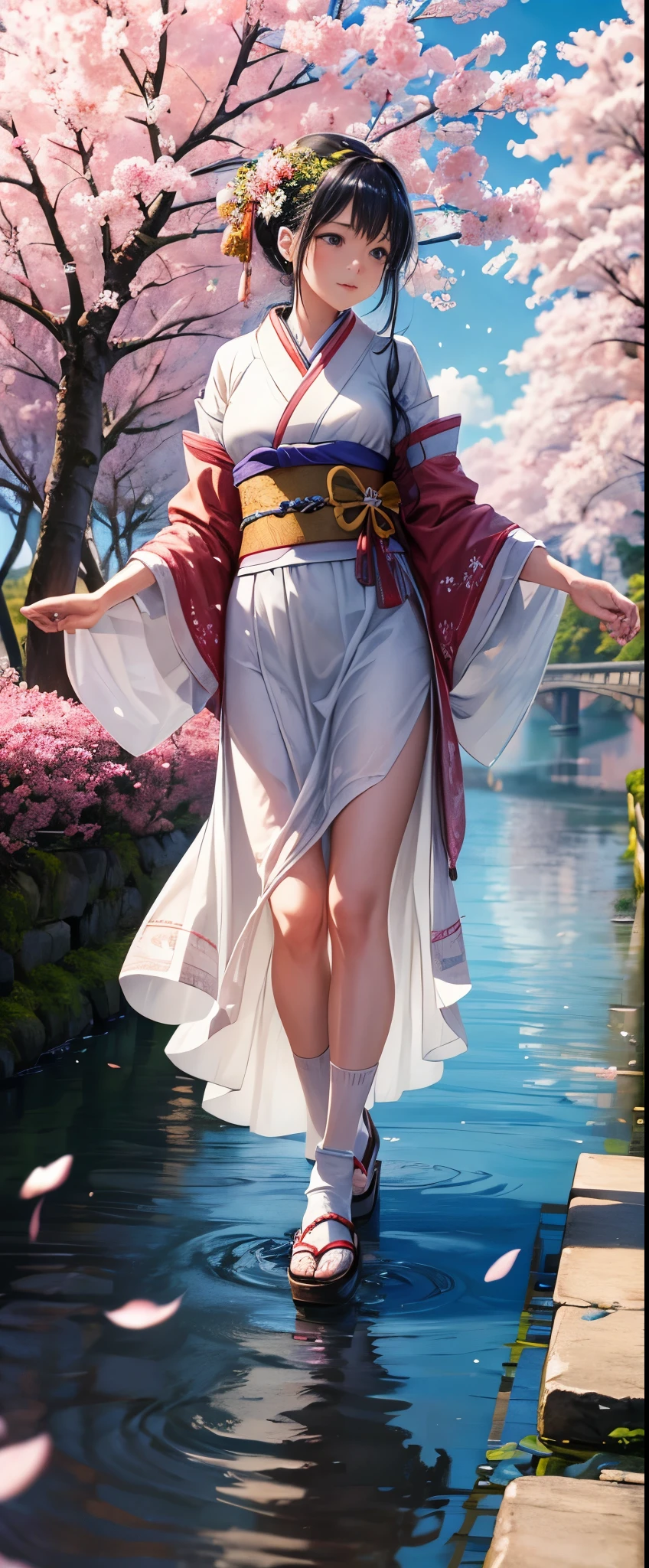 Extremely detailed CG Unity 8K wallpaper, presented in realistic quality. Handcrafted by the acclaimed artist Guido Daniele. Featuring a woman dressed in a traditional lace-trimmed, wreath-adorned kimono, walking on a wooden bridge over a stone brick road with a wet surface. She is wearing two-toed socks and clogs, adding a touch of authenticity. The scene is set in a serene landscape with cherry blossom petals falling onto a sakuramon, creating a tranquil and picturesque atmosphere.