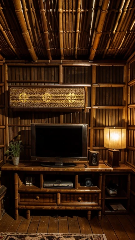 The old tube and digital satellite television was on a wooden shelf table, in the room of the bamboo house, under the table you could see black coffee and a cigarette, on top of the television there was a photo frame of the owner.