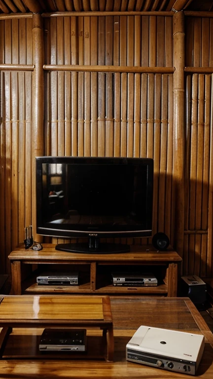 The old tube and digital satellite television was on a wooden shelf table, in the room of the bamboo house, under the table you could see black coffee and a cigarette, on top of the television there was a photo frame of the owner.