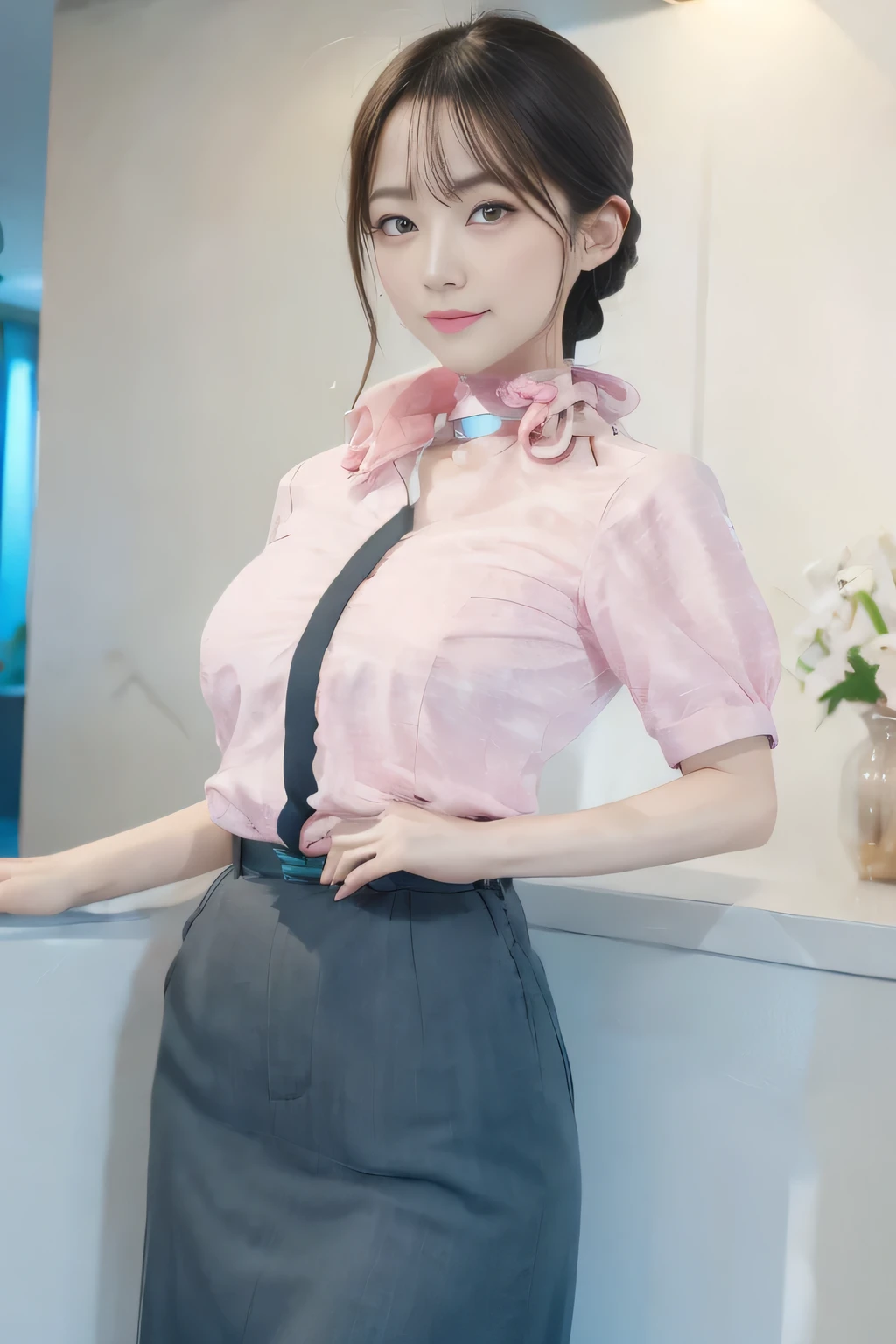 masterpiece:1.2、highest quality:1.2)、32K HDR、High resolution、(alone、1 girl、Slim figure)、（Realistic style wearing the ANA cabincrew uniform）、 (At the airport counter, Professional Lighting)、A proper woman, Beautiful Face,、（ANA cabincrew uniform）、（Short sleeve pink blouse）、（Scarf around the neck）、Big Breasts、（Long hair updo、Chignon）、Dark brown hair、Long Shot、（（Fine hand：2.0））、（（Harmonious body proportions：1.5））、（（Normal limbs：2.0））、（（Normal finger：2.0））、（（Delicate eyes：2.0））、（（Normal eyes：2.0））)、Beautiful standing posture、smile