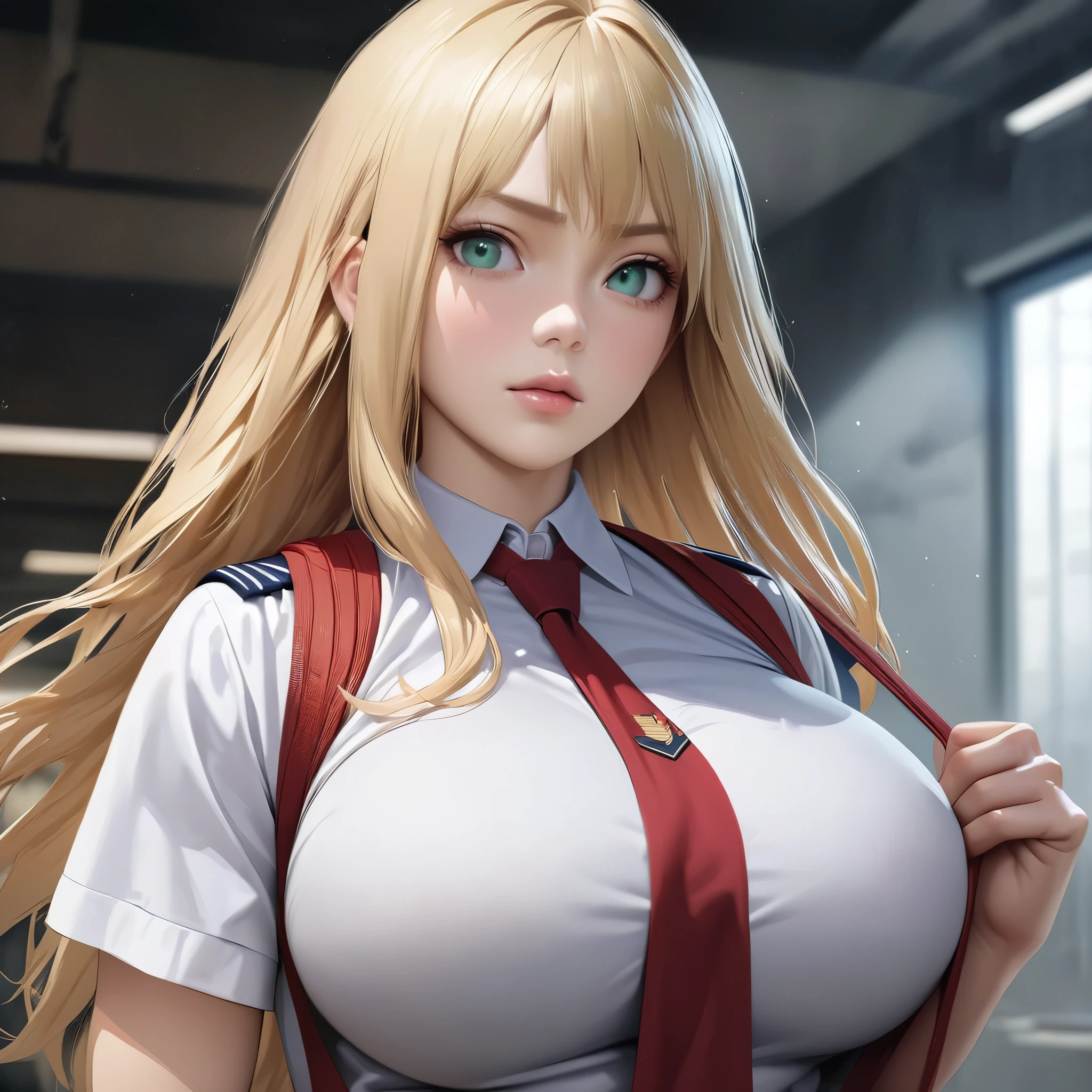 best quality,ultra-detailed,realistic,anime,Chica anime,long blonde hair,green eye,blue eye,big breasts,UA uniform from My Hero Academia,top half