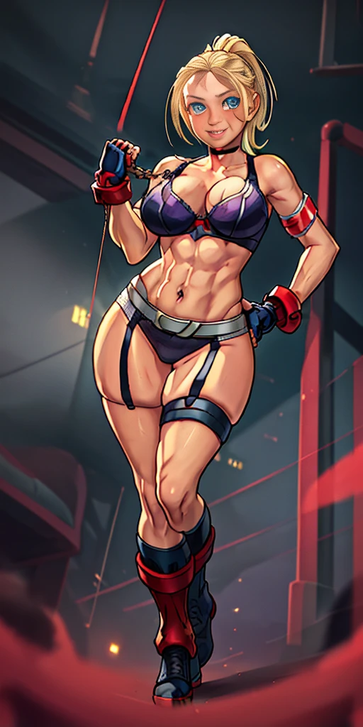 (Masterpiece, 4k, plain background:1.2) Female Cammy White Street Fighter red gloves gauntlets full body standing straight symmetrical feet together looking to the viewer RED full body armored, 2 crossing big belt under belly button, navel, abs, garter straps belts attaching bra big knockers, view from below, wide hips, thick thighs legs apart from below depth range, smile red cheeks, long messy hair ponytail, (handcuffs, shackles, rerebrace, faulds, poleyn, leather collar choker, high boots bootstraps, sleeves, stockings) ((hands on hips))