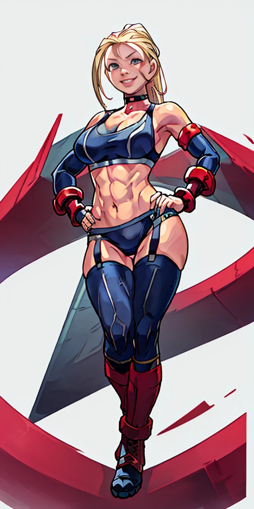 (Masterpiece, 4k, plain background:1.2) Female Cammy White Street Fighter red gloves gauntlets full body standing straight symmetrical feet together looking to the viewer RED full body armored, 2 crossing big belt under belly button, navel, abs, garter straps belts attaching bra big knockers, view from below, wide hips, thick thighs legs apart from below depth range, smile red cheeks, long messy hair ponytail, (handcuffs, shackles, rerebrace, faulds, poleyn, leather collar choker, high boots bootstraps, sleeves, stockings) ((hands on hips))