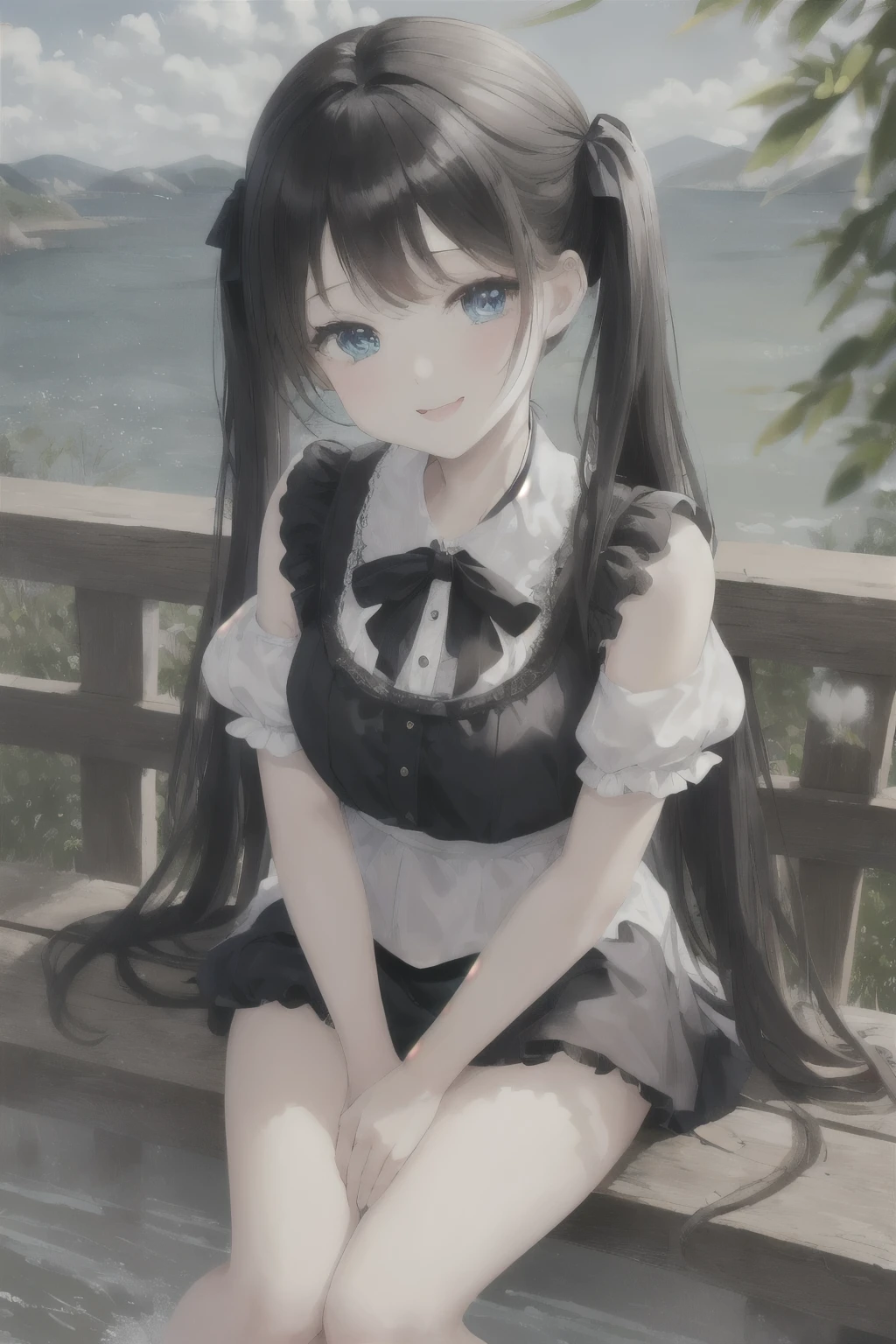 ((masterpiece)), ((highest quality、Ultra high definition)), (Very detailed),8K、Photo quality、(((Amazingly cute girl))), -yeld gi (Beautiful emerald blue eyes), ((smile)),Glossy lips、In the open-air bath overlooking the sea, Beautifully arranged black hair in twin tails、Lace fabric ribbon、whole body、((Super high-end white see-through summer gothic lolita maid costume、A super mini skirt with lots of frills))、Professional Lighting、(White lace knee-highore detailed and beautiful)、(More details and cutenesore realistic)、White panties are visible、