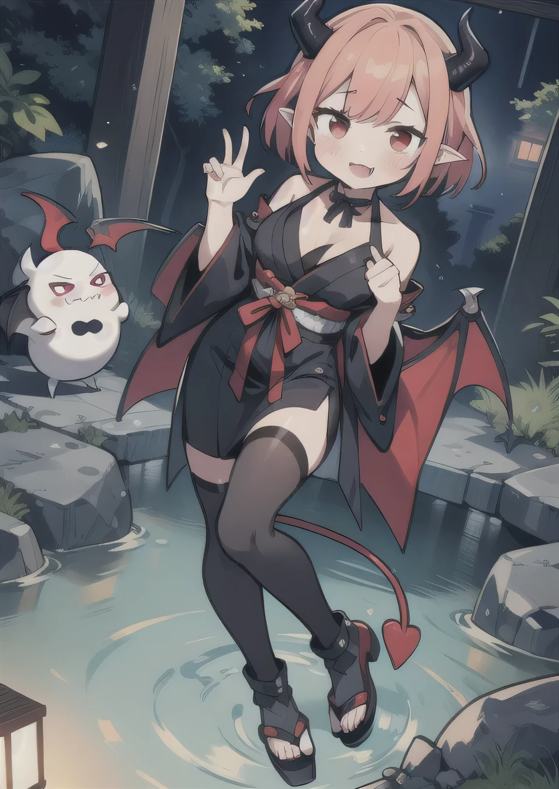 8K, 1girl, petit, adult. kawaii vampire, crimson hair, short hair, red eyes, fang, bat wings, smile, (blush), (shy), pointed ears, looking at viewer, dynamic angle, wind, game cg, fantastic scenery, devil tail, demon tail, thin tail, black horns, medium breast, show full body, hot springs, yokai, yokai pet, monster, latex, sexy, horny, shiny