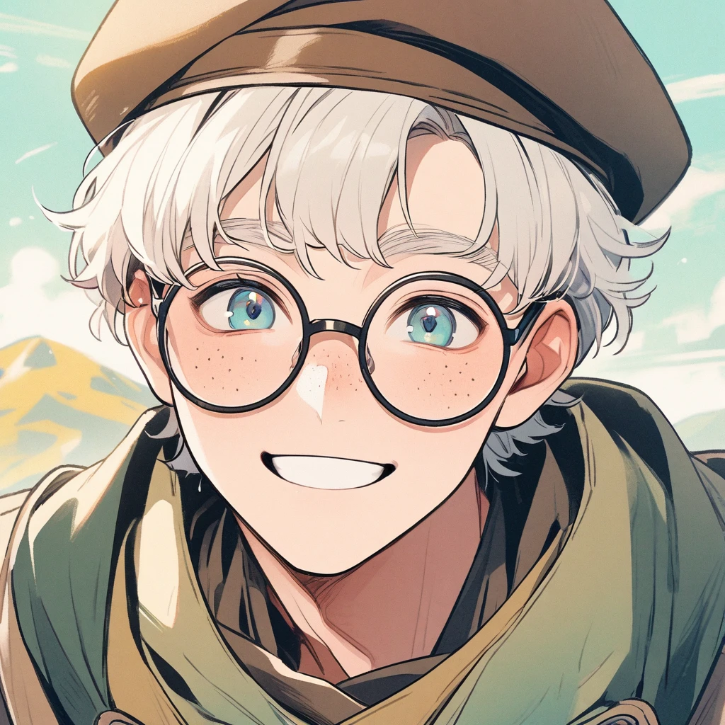 Man, white hair, pastel colors, face close up, adventure, explorer, brown beret, big round glasses, smiling, big freckles, boy, goodlooking, handsome
