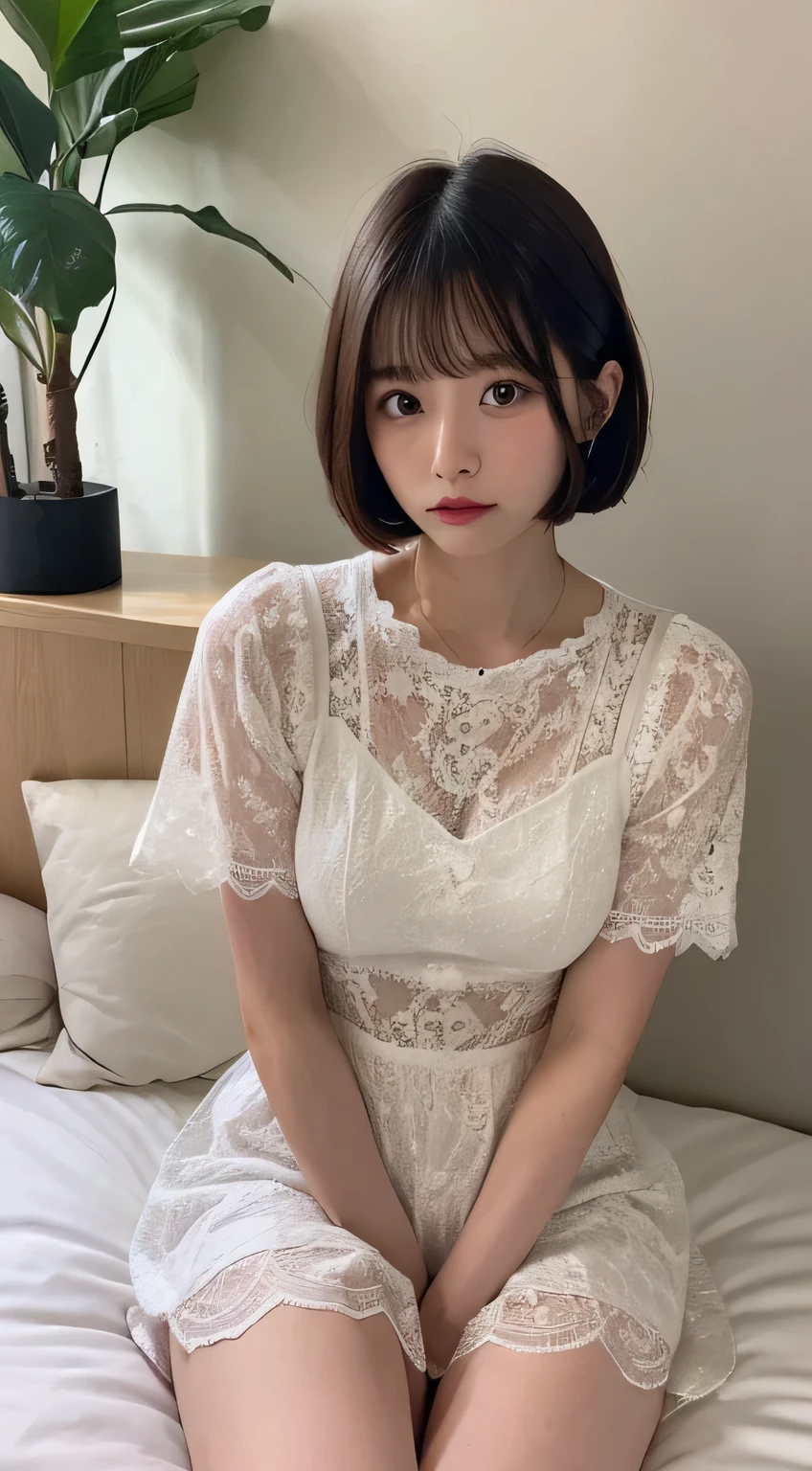 Lace Outfit、bed、sad、Short sleeve、Short Hair