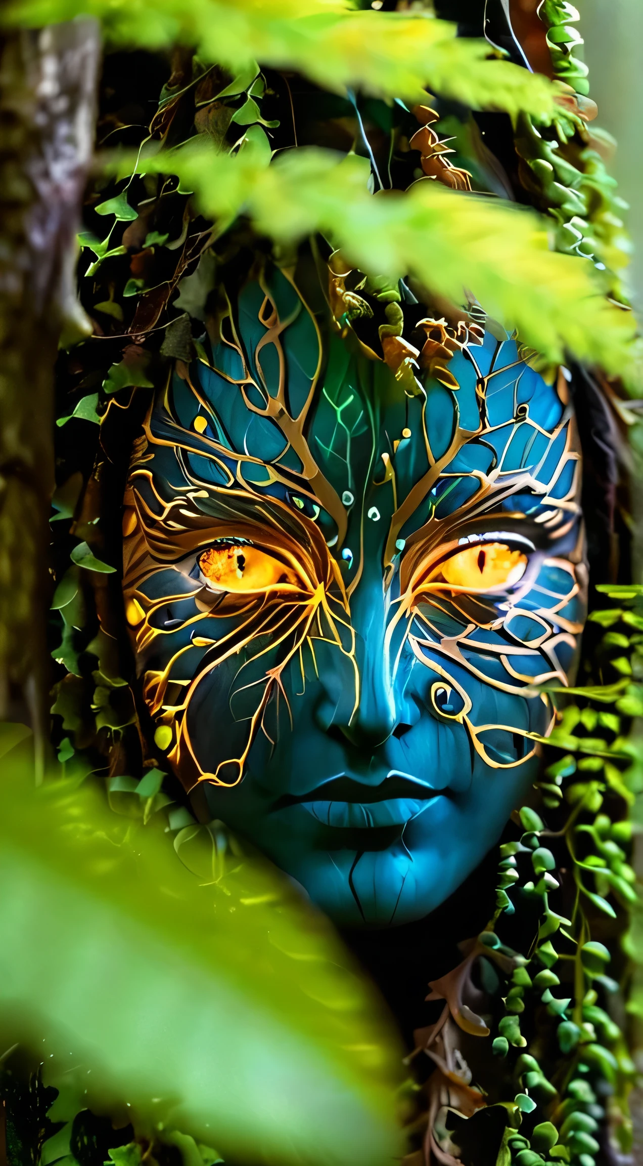 macro shot of a glowing forest spirit, leafy appendages outlined with veins of light, eyes a deep, enigmatic glow amidst the foliage.