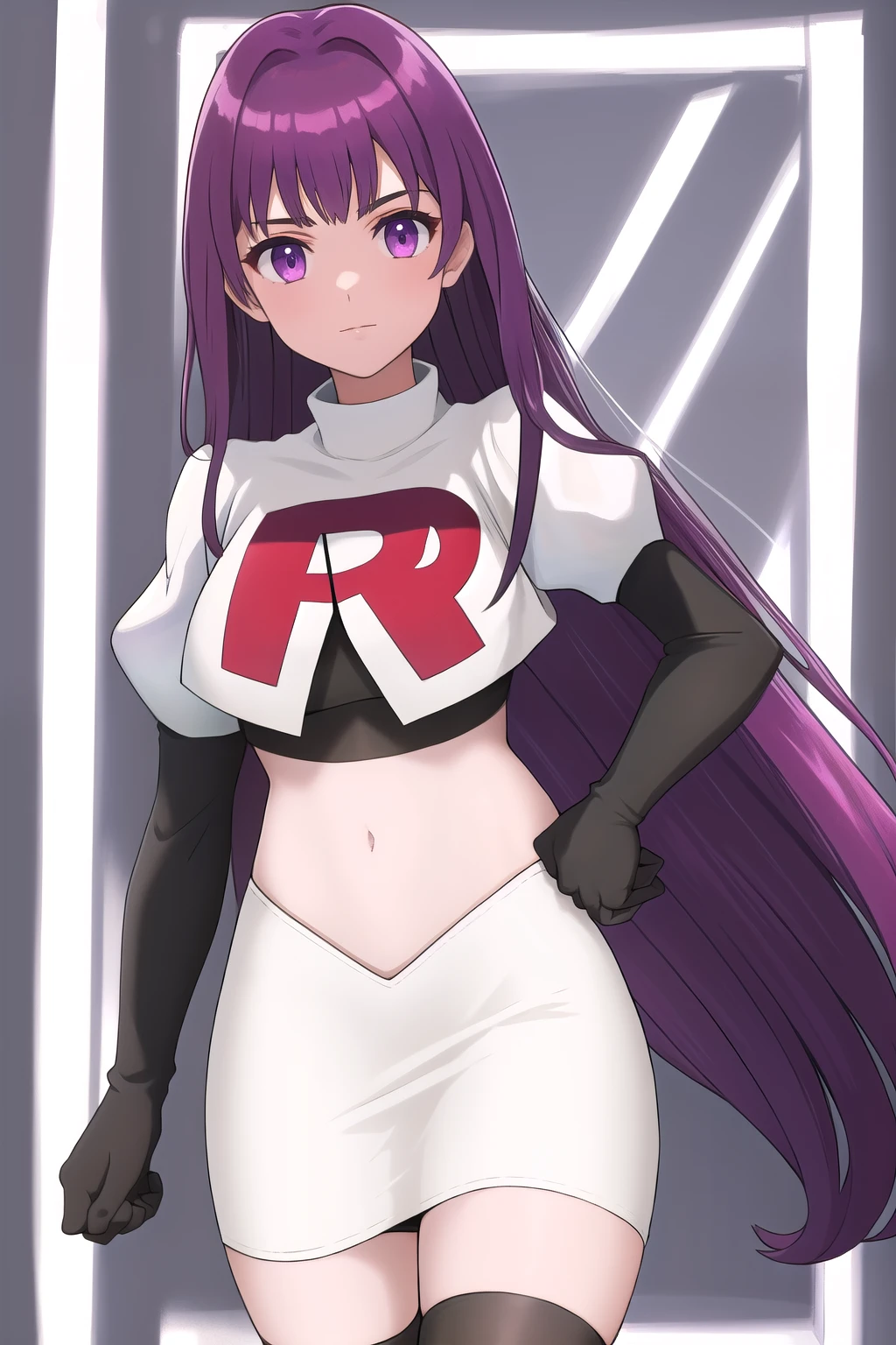 veyle_engage, 1girl, purple eyes, solo, team rocket,team rocket uniform,white skirt,red letter R,crop top,black thigh-highs,black elbow gloves