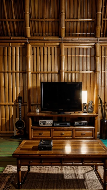 The old tube and digital satellite television was on a wooden shelf table, in the room of the bamboo house, under the table you could see black coffee and a cigarette, on top of the television there was a photo frame of the owner.