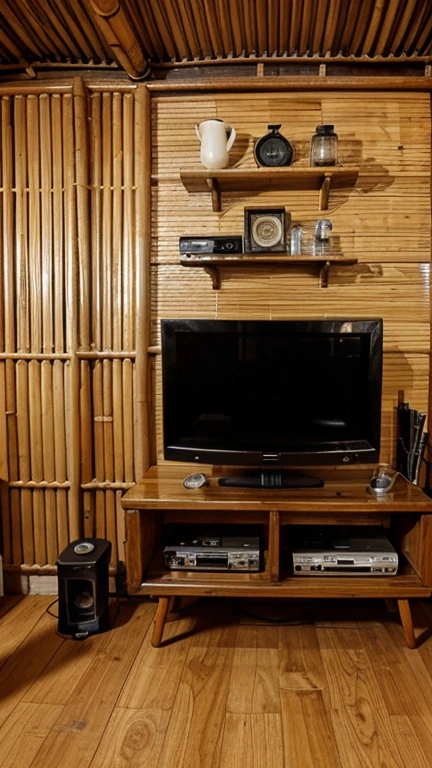 The old tube and digital satellite television was on a wooden shelf table, in the room of the bamboo house, under the table you could see black coffee and a cigarette, on top of the television there was a photo frame of the owner.