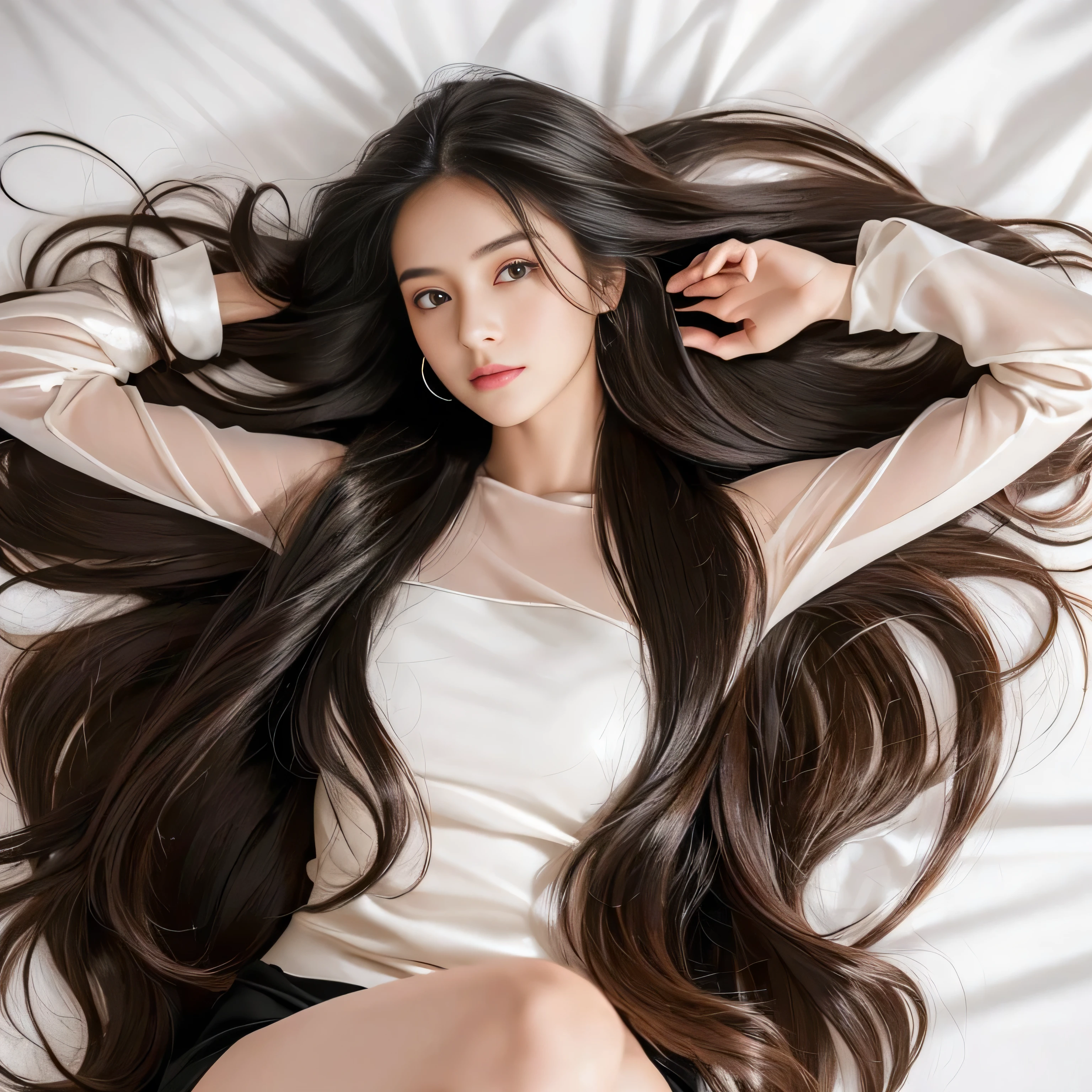 (She is lying on her back on a white bed.、She was photographed from the ceiling as she slept with her hair spread out and facing the ceiling.:1.2) ((highest quality)), ((masterpiece)), (Familiar), (Get used to it) (Reaches up to the kneeVery long hair highest quality Highest detail Reaches up to the knee、Very long hair that lasts forever:1.3 Flowing Hair 私ncredibly straight hair Very shiny and thick hair Abnormally long hair that lasts forever Flowing Hair on both ends long hair up to the knees:1.2 long hair up to the knees:1.2 Thick and shiny hair Very free hair Abnormally long hair!!!!! Beautiful silky hair Beautiful and shiny hair Beautiful and shiny hair Beautiful silky hair Hair that grows to the knees Very very, Very long hair!!!!! Very very, Very long hair!!!!!) (highest quality The best ultra-fine Reaches up to the knee、Very long hair that lasts forever Flowing Hair Her hair is gently permed Very shiny and thick hair Abnormally long hair that lasts forever Flowing Hair on both ends long hair up to the knees:1.2 long hair up to the knees:1.2 Thick and shiny hair Very free hair Abnormally long hair!!!!! Beautiful silky hair Super long hair down to the knees Beautiful and shiny hair Beautiful and shiny hair Beautiful silky hair Hair that grows to the knees Very very, Very long hair!!!!! Very very, Very long hair!!!!!) (She is the most beautiful 18-year-old hair model in Japan.......) Perfect Woman'face (She has a typical Japanese build and skin color..., Her skin is very high quality and ultra high definition.、very beautiful and glowing skin) (Big Breasts) (Her face is dignified and sexy)(She achieved her sexy look with the help of a professional makeup artist.。... Lipstick is natural red The eyeliner is a beautiful black) (her hair is black, light brown, blonde, Red-brown, Dark Green, or dark blue..) (Surreal photos by professional photographers :1.2) (She is wearing a beautiful blue silk camisole dress. :1.2) ((Her bangs are completely cut off.)) (She has a typical Japanese build and skin color Her skin is very delicate and sensitive..、and、Such beautiful and radiant skin) (Her face is long, Small eyes and nose.、Narrow-mouthed and the most beautiful) (Japanese Solo Photos'The most beautiful 28 year old women) ((Rich 1.4)) (Extremely detailed 8K) (Ultra-fine skin texture 1.4) (Actual, Vibrant:1.4), Sharp focus:1.2、Beautiful woman:1.4 Dynamic Lighting (Genuine RAW photos taken by professional photographers) very beautiful and glowing skin) (Excessive breasts) (Her face is long, Eyes and nose) Lipstick is natural red The eyeliner is a beautiful black) (her hair is deep black) (Surreal photos by professional photographers :1.2)