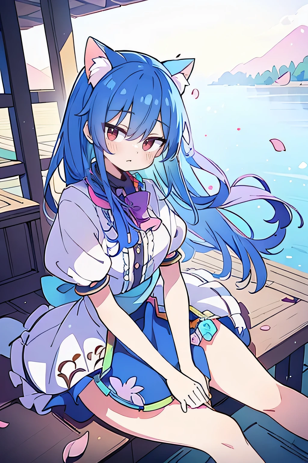 (masterpiece:1.2),ultra-detailed,realistic,expressive eyes,fair-skinned,perfectly shaped face,1girl,
Japanese cartoons,Gorgeous blue hair, flowing blue hair,floating clothes,cat ears,petals falling,beautiful Lola,Hina Angel,
hands on waist,gracefully sitting on the ground,legs crossed,gentle and serene background,cool and comfortable pavilion.