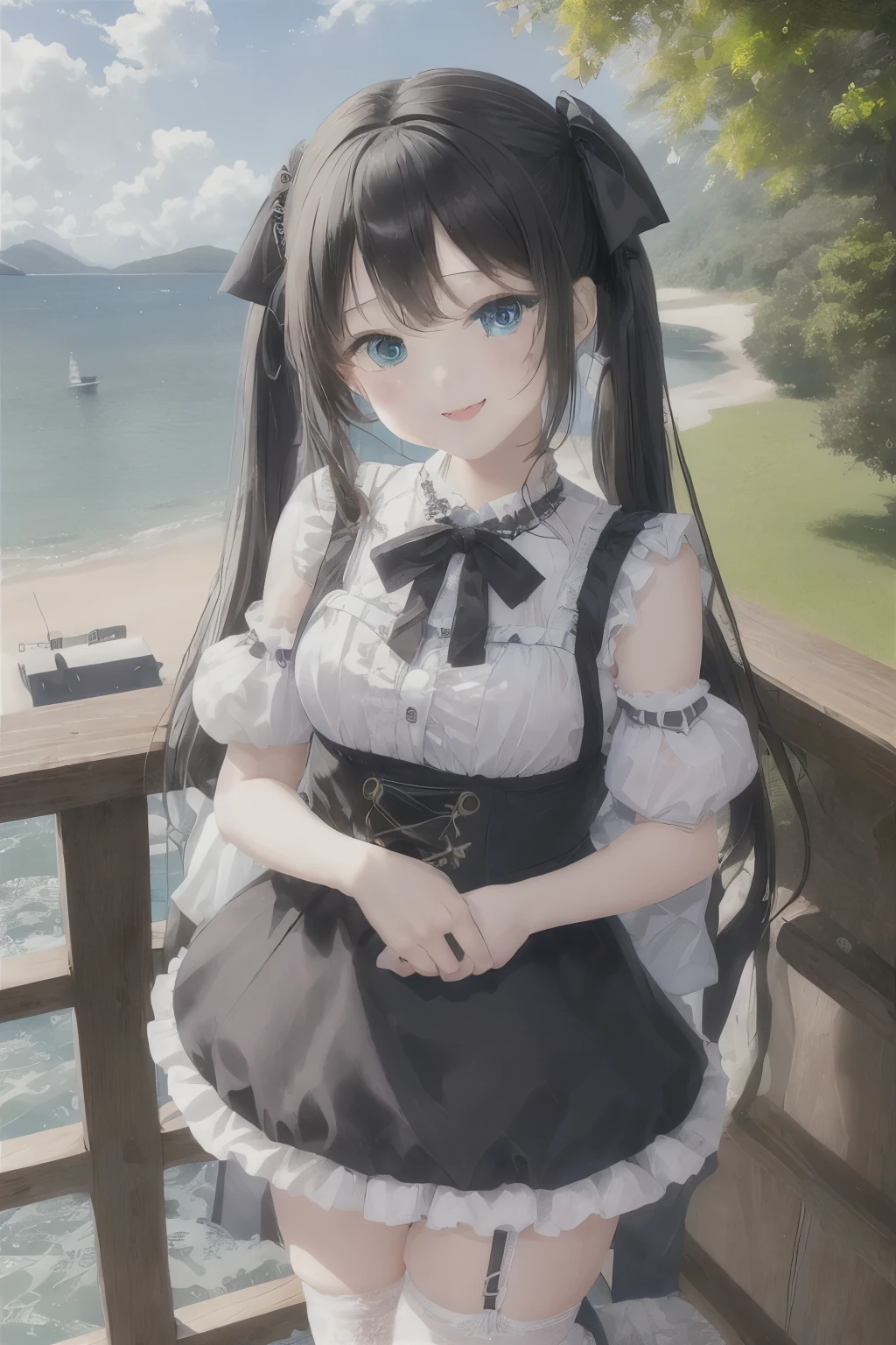 ((masterpiece)), ((highest quality、Ultra high definition)), (Very detailed),8K、Photo quality、(((Amazingly cute girl))), -yeld gi (Beautiful emerald blue eyes), ((smile)),Glossy lips、In the open-air bath overlooking the sea, Beautifully arranged black hair in twin tails、Lace fabric ribbon、whole body、((Super high-end white see-through summer gothic lolita maid costume、A super mini skirt with lots of frills))、Professional Lighting、(White lace knee-highore detailed and beautiful)、(More details and cutenesore realistic)、White panties are visible、