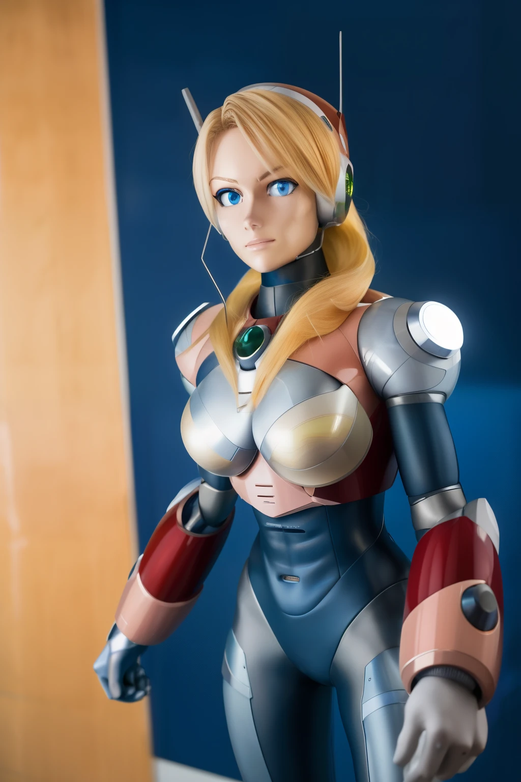 ultra detailed of a woman cyborg, 1girl, (natural skin texture, realistic eye details:1.2) alias_mega manx, alone, breasts, blue eyes, blonde hair, Android, long hair, robot ears, stand at attention, neutral stance, artwork, high quality, hypnotized, blank expression, mannequin