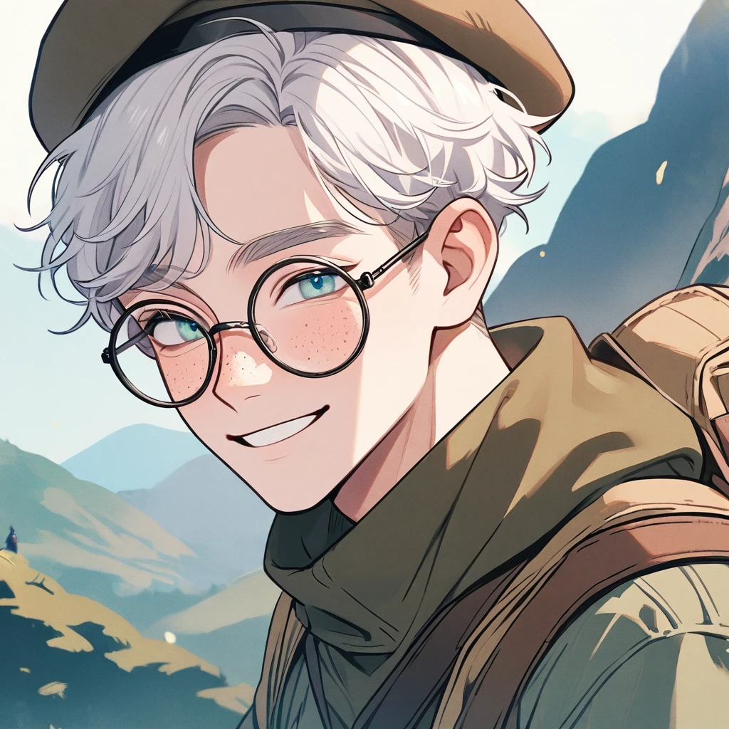 Man, white hair, pastel colors, face close up, adventure, explorer, brown beret, big round glasses, smiling, big freckles, boy, goodlooking, handsome