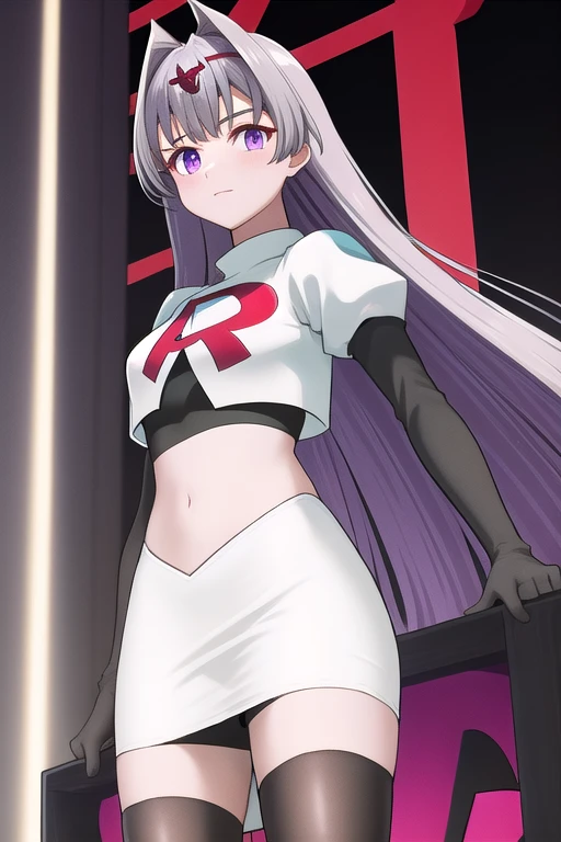 veyle_engage, 1girl, purple eyes, solo, team rocket,team rocket uniform,white skirt,red letter R,crop top,black thigh-highs,black elbow gloves