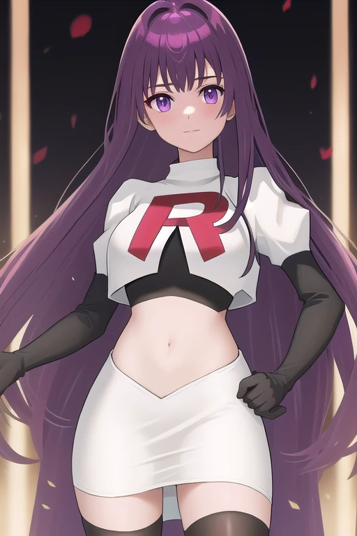 veyle_engage, 1girl, purple eyes, solo, team rocket,team rocket uniform,white skirt,red letter R,crop top,black thigh-highs,black elbow gloves