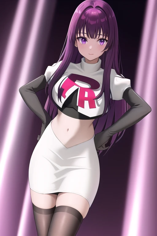 veyle_engage, 1girl, purple eyes, solo, team rocket,team rocket uniform,white skirt,red letter R,crop top,black thigh-highs,black elbow gloves