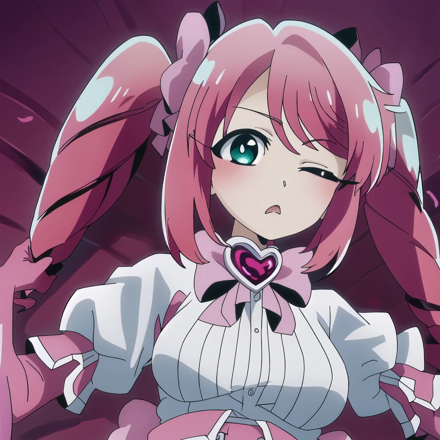 best quality, masterpiece, highres, solo, {haruka_hanabishi_mahoushoujoniakogarete:0.90}, one_eye_closed, looking at viewer, and many shadow tentacles tied her up