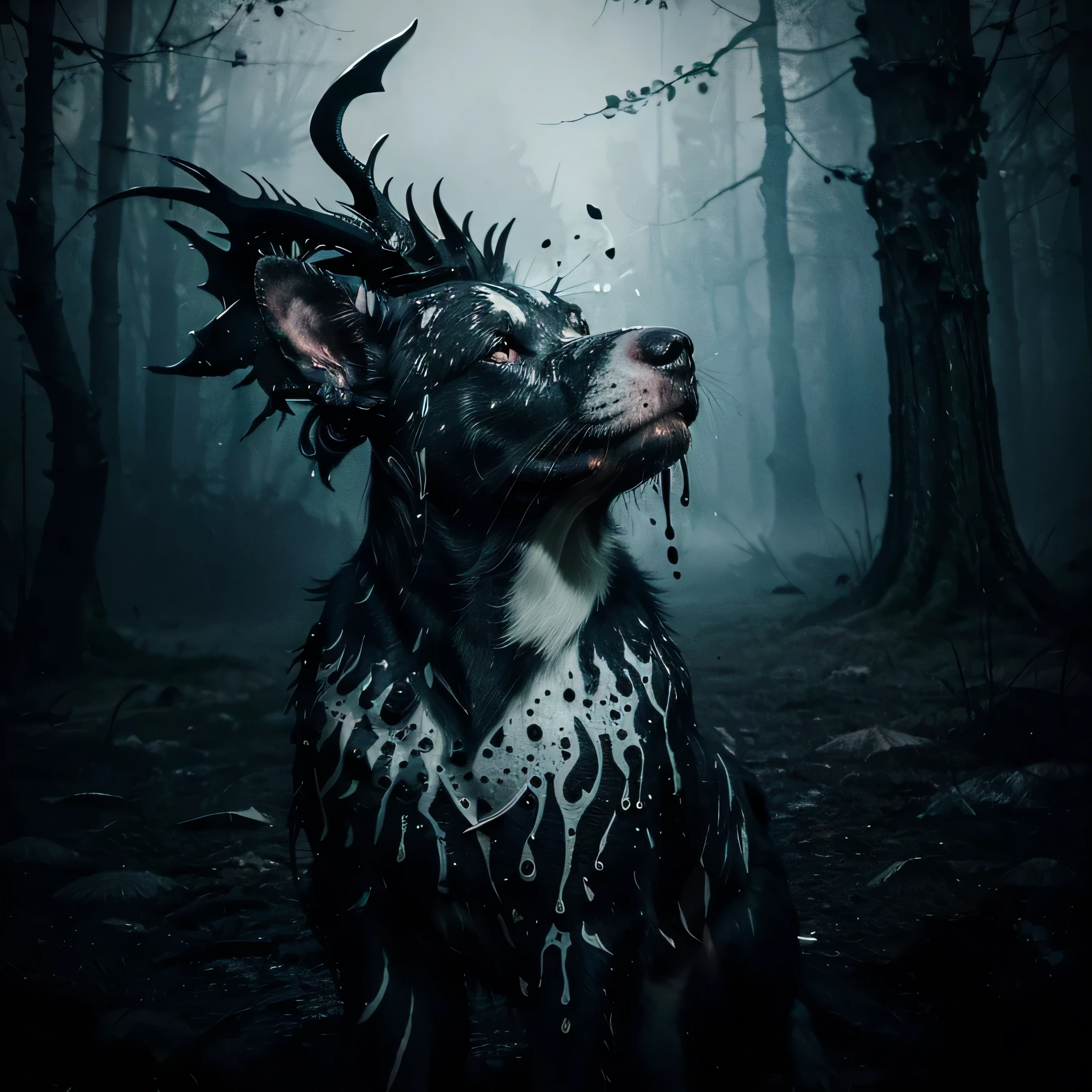 ((In dark fantasy ink splatter art: 1.3)), shabby pitbull dog, A fascinatingly beautiful landscape appears, Ink splatters of chaotic black strokes, Intricate details blend into the ethereal forest world, Otherworldly creatures, incredibly beautiful, Gongbi, Every stroke Exudes a charming feeling, an extraordinary creation, whether it is ink painting or oil painting, masters stunning details, pure brilliance, creepy atmosphere with ink splash coating.