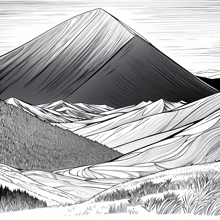 Mountain and sunset view, drawing, no colours 