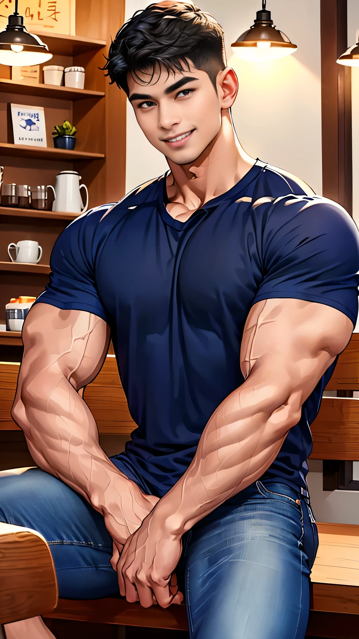 1 man in the middle of the picture, smile, (Wear a dark navy round neck shirt., short sleeve shirt ยี่ห้อ under armor), (jeans), (Korean people) , korean men, (Realistic lighting), looking at the audience, Balancing eye contact), in the coffee shop, cafe