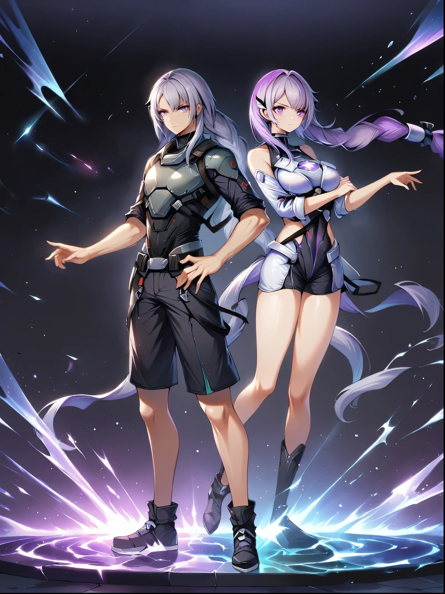 1girl，1boy，Back to Back，Fight alongside，Purple Hair，Purple Eyes，Very long hair，Gray hair，Double ponytails，White Mech SuitBREAK Black Mech Shorts, panoramic，whole body，The figure is in the center，1yj1